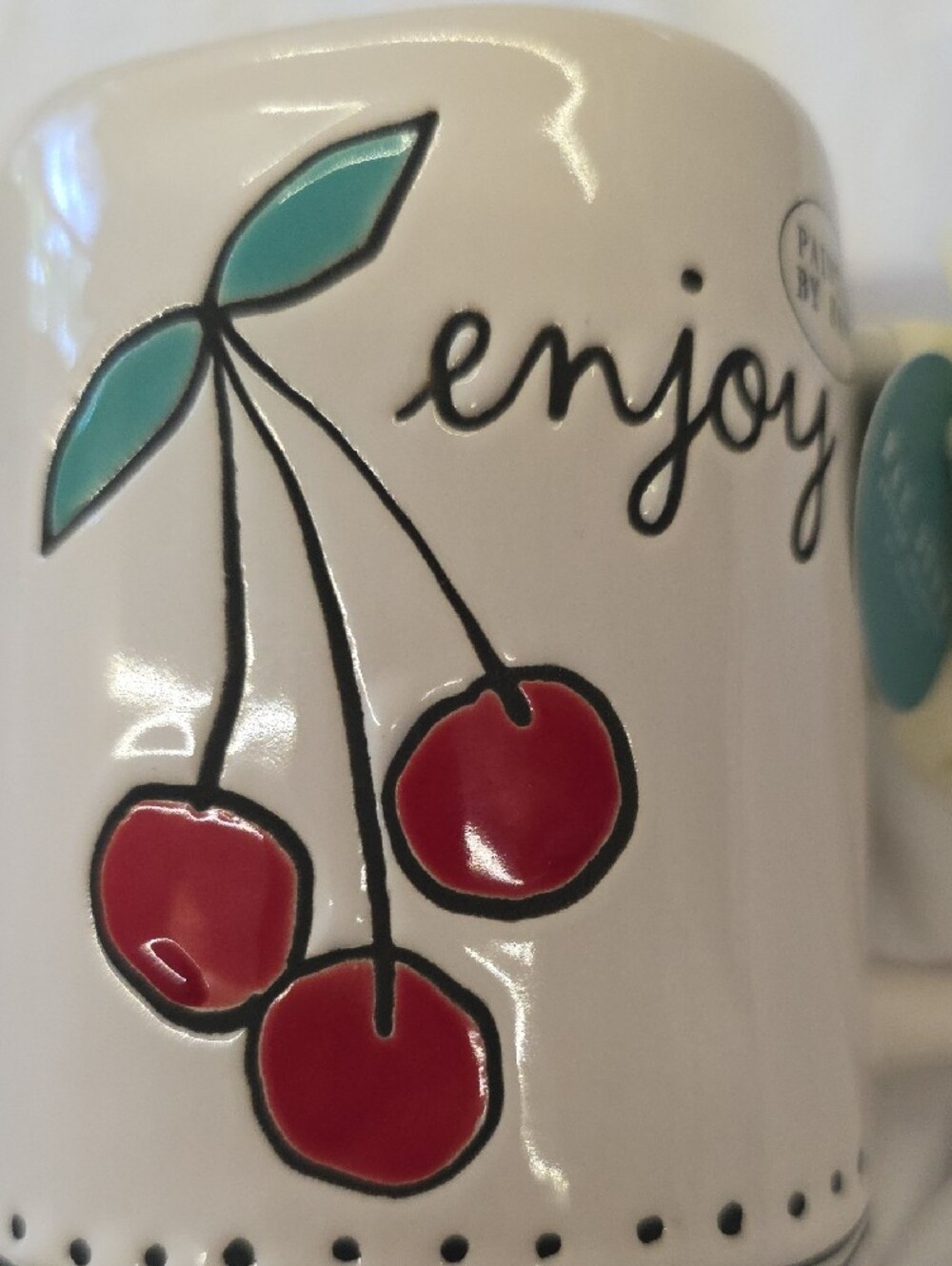 Rae Dunn Cherry Enjoy Mug Set of 2 Artisan Collection NWT Hand Painted - Picture 4 of 6
